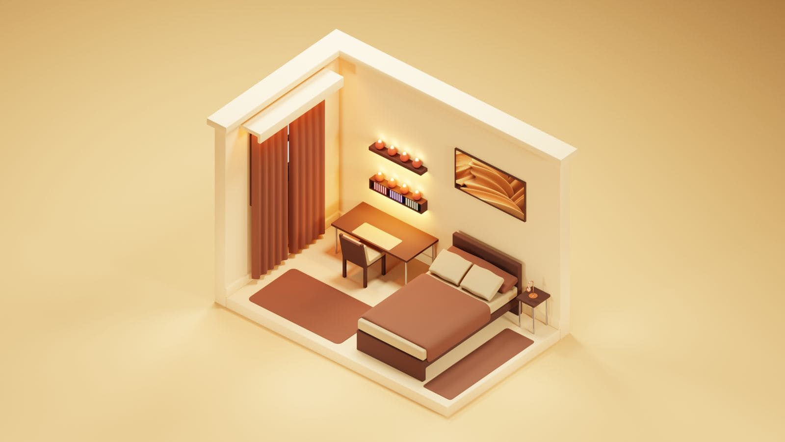 Isometric 3D render of a bedroom layout with wardrobe