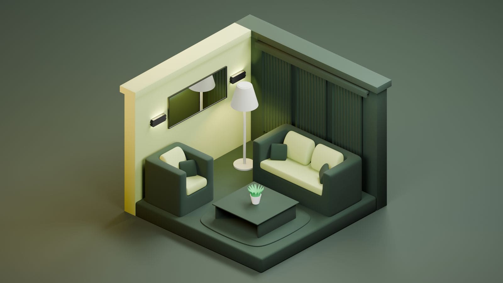 Isometric 3D render of a living room layout