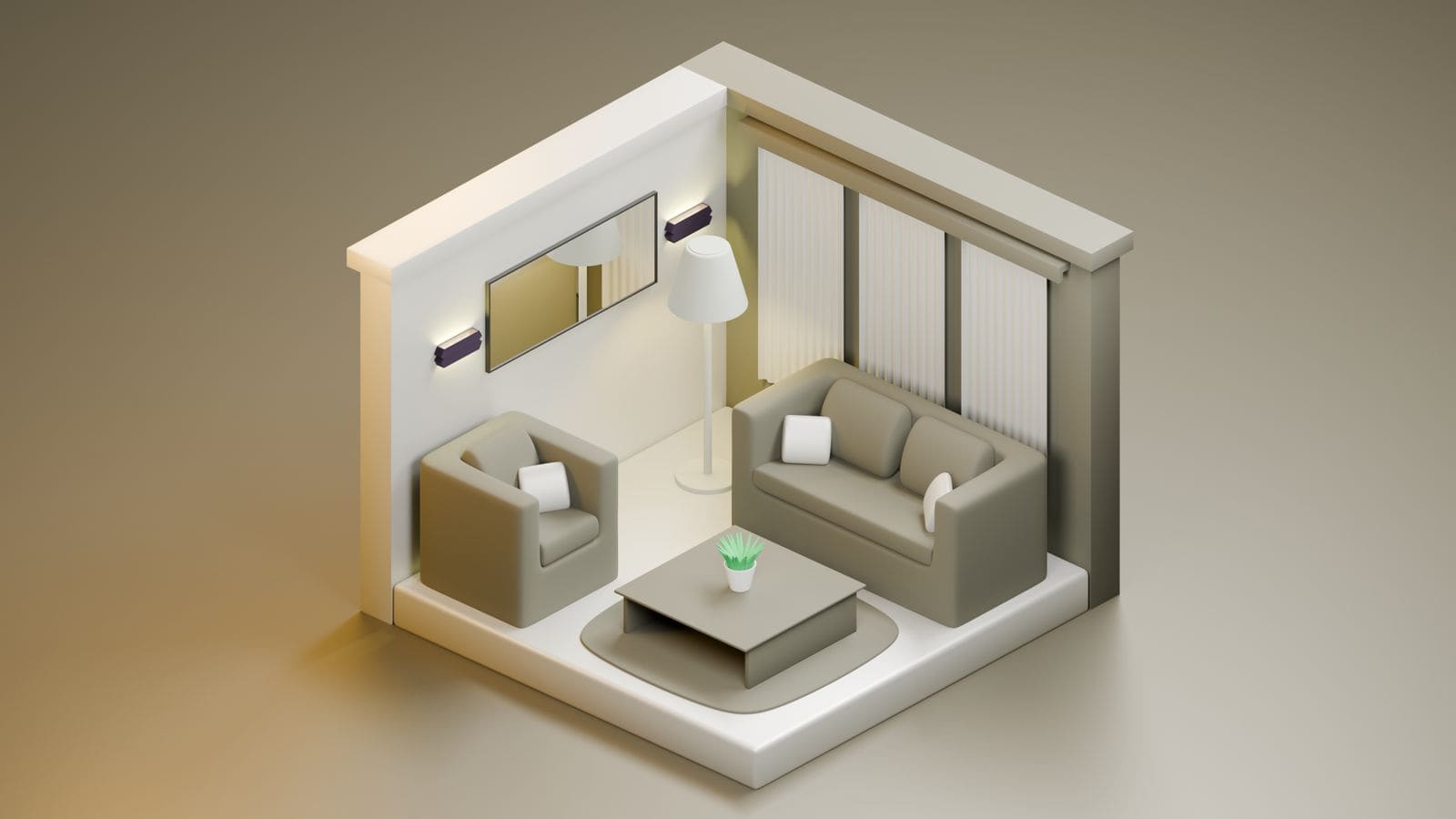 Isometric 3D render of a living space with furniture layout