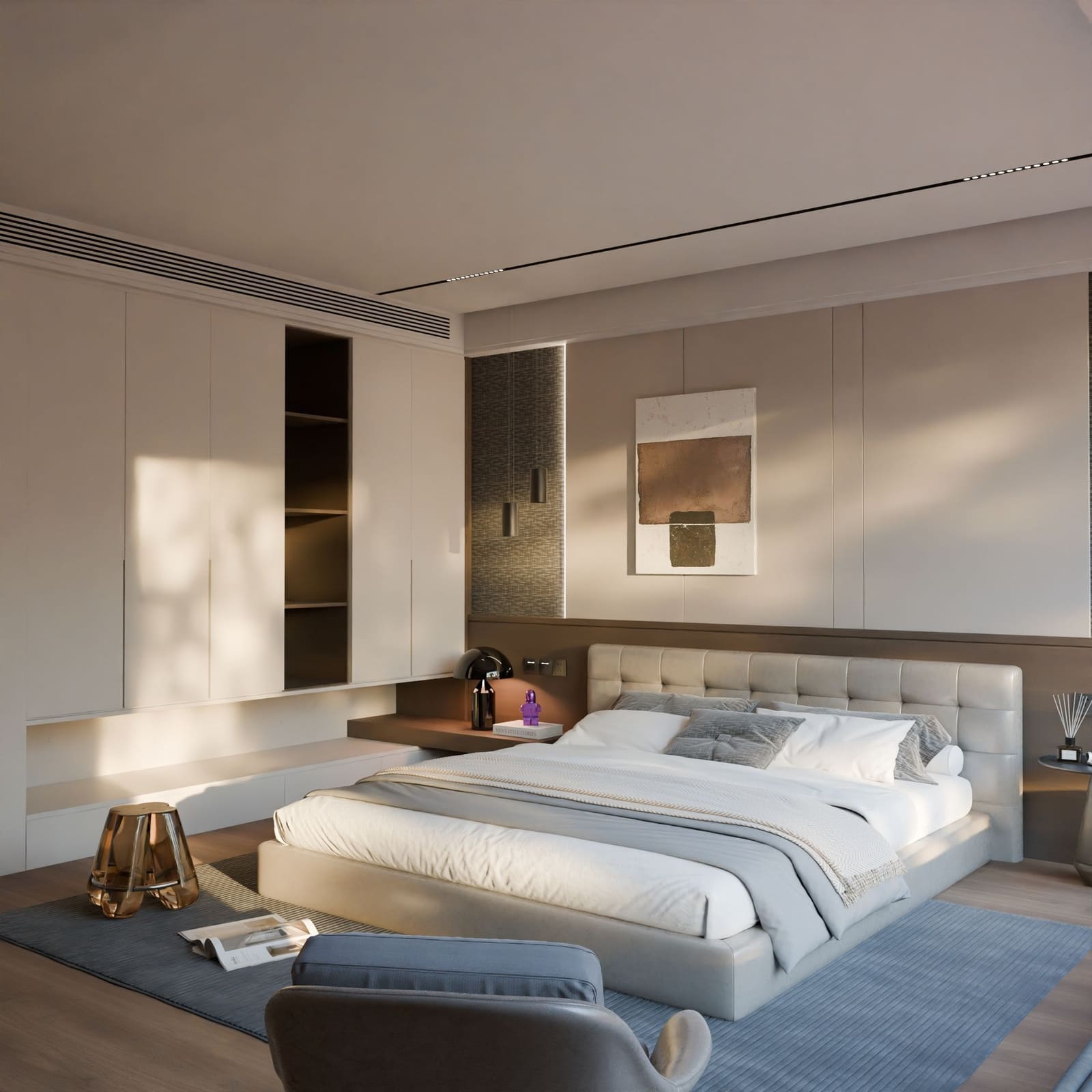 Master bedroom with low-plinth wardrobe in Pune