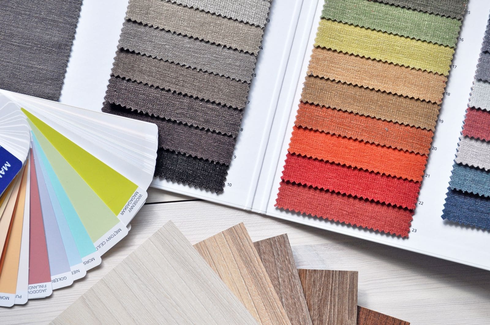 Fabric and veneer samples used for material selection